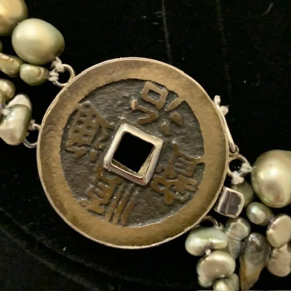 VTG Multi Strand Pearl Necklace Chunky Statement Asian Sterling Silver Coin MCM